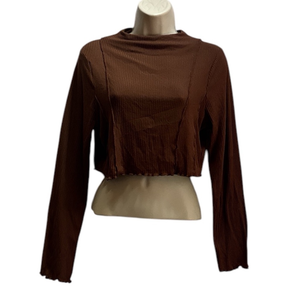 Love J Women's Long Sleeve Rib Knit  Mock Neck Lettuce Trim Cropped Top Size XL